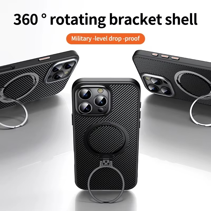 Premium MagSafe iPhone Case Magnetic Shockproof Carbon Fiber with Rotating Stand, Metal Camera Frame Button, Lightweight Rugged Cover