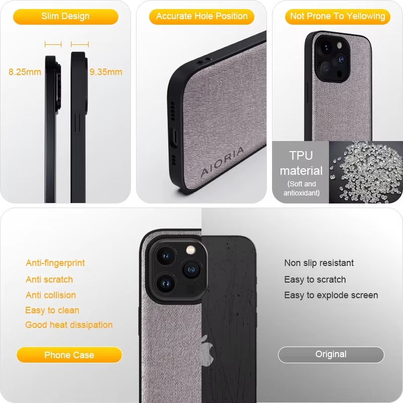 Premium Shockproof iPhone Case — Textile Leather Anti-Fingerprint Dustproof Cover with Non-Slip Grip and Scratch-Resistant Hard Back