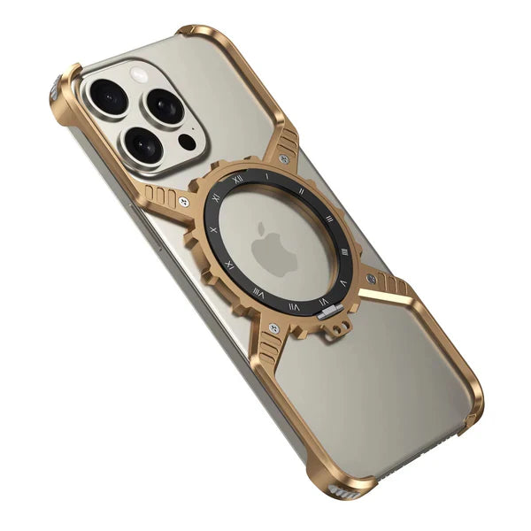 Rugged iPhone Case 360° X-Shaped Mechanical Design — Aluminum Magnetic Frameless Cover with Stand, Noctilucent Finish, Heavy Duty Shockproof Scratch-Resistant Protection