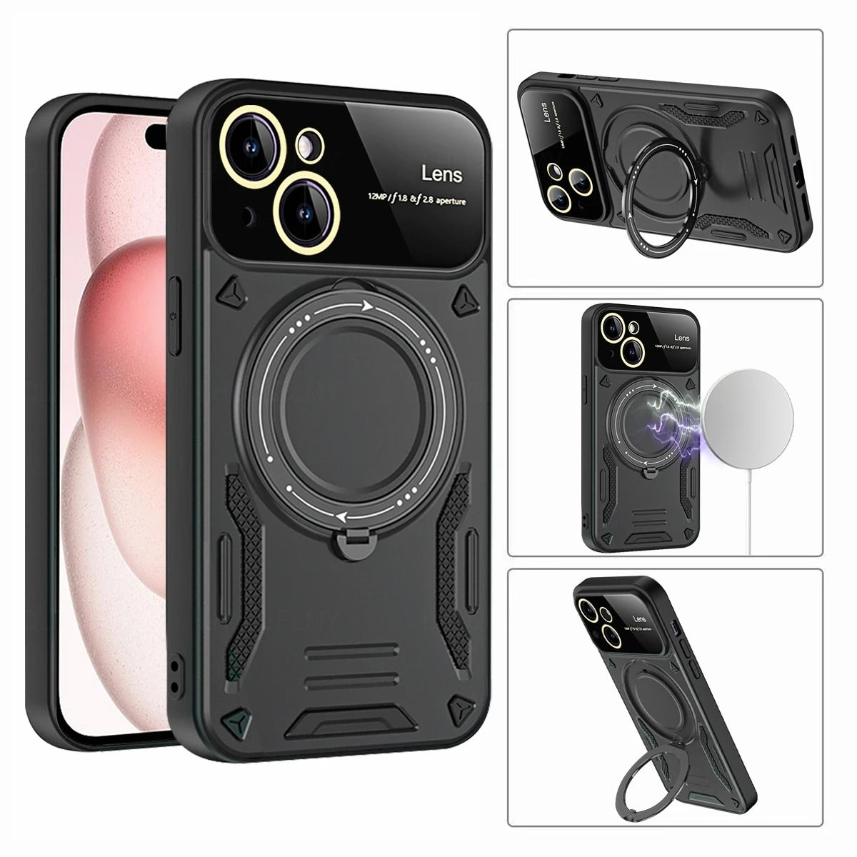 Rugged iPhone Armor Magnetic Case — 360° Rotating Holder, Shockproof Anti-Drop Protection, Lens Camera Safety, Durable Hybrid PC+TPU Cover