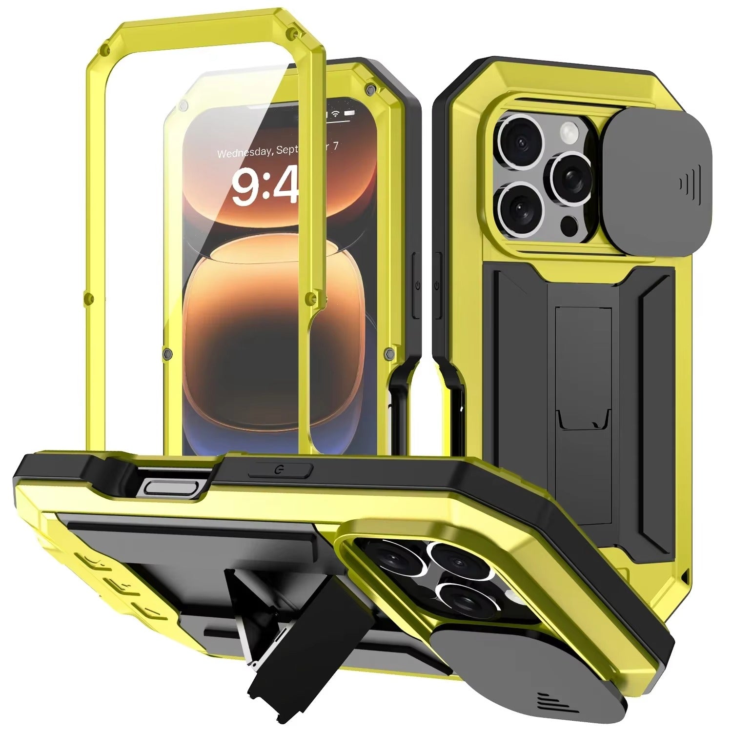 Rugged iPhone Case 360° Full Protection Shockproof — Metal Frame with Tempered Glass, Slide Camera Cover, Built-In Stand, Dustproof & Drop-Resistant Design