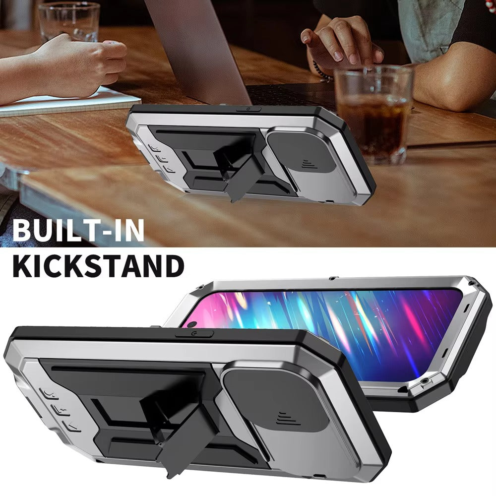 Rugged iPhone Case 360° Full Protection Shockproof — Metal Frame with Tempered Glass, Slide Camera Cover, Built-In Stand, Dustproof & Drop-Resistant Design
