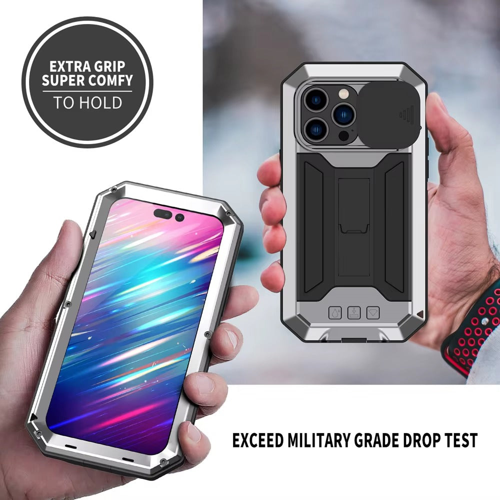 Rugged iPhone Case 360° Full Protection Shockproof — Metal Frame with Tempered Glass, Slide Camera Cover, Built-In Stand, Dustproof & Drop-Resistant Design