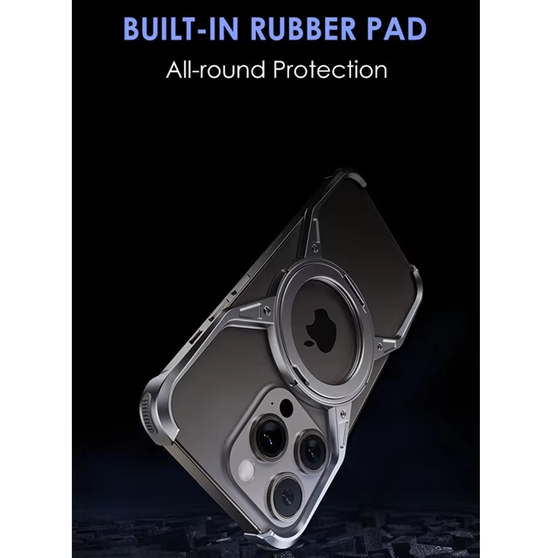 Rugged iPhone Case 360° X-Shaped Mechanical Design — Aluminum Magnetic Frameless Cover with Stand, Noctilucent Finish, Heavy Duty Shockproof Scratch-Resistant Protection