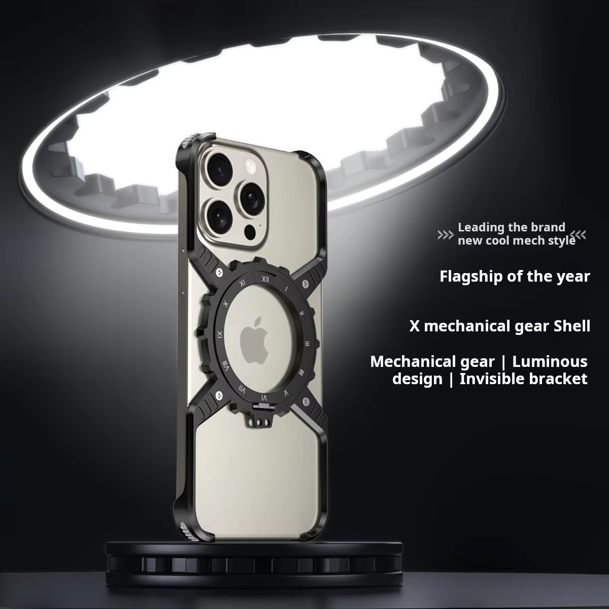 Rugged iPhone Case 360° X-Shaped Mechanical Design — Aluminum Magnetic Frameless Cover with Stand, Noctilucent Finish, Heavy Duty Shockproof Scratch-Resistant Protection