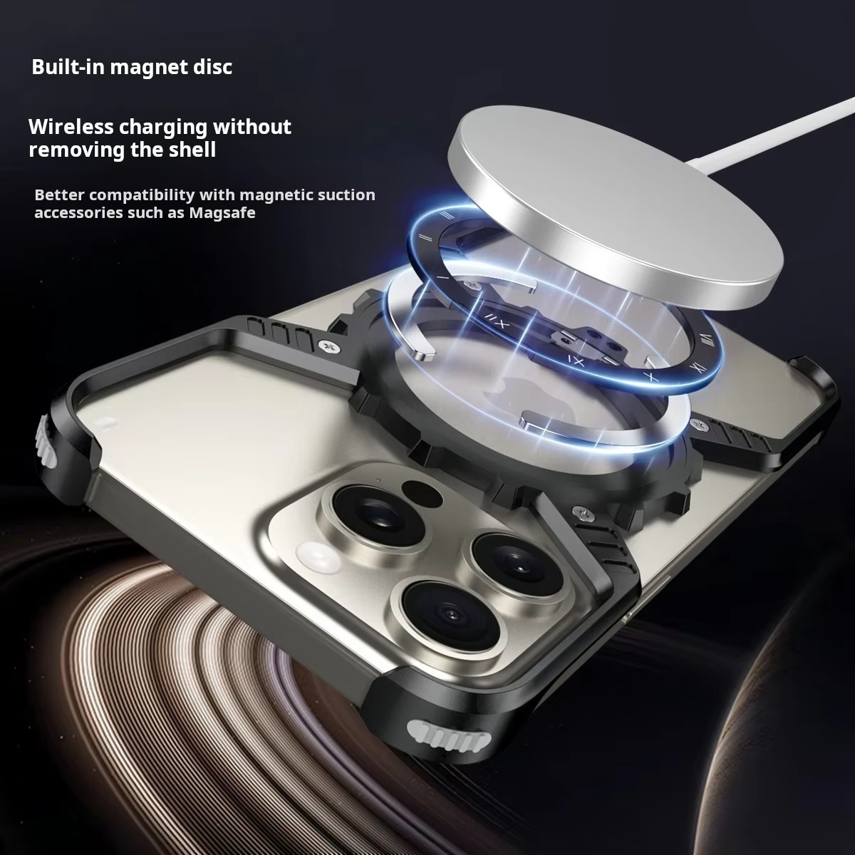 Rugged iPhone Case 360° X-Shaped Mechanical Design — Aluminum Magnetic Frameless Cover with Stand, Noctilucent Finish, Heavy Duty Shockproof Scratch-Resistant Protection