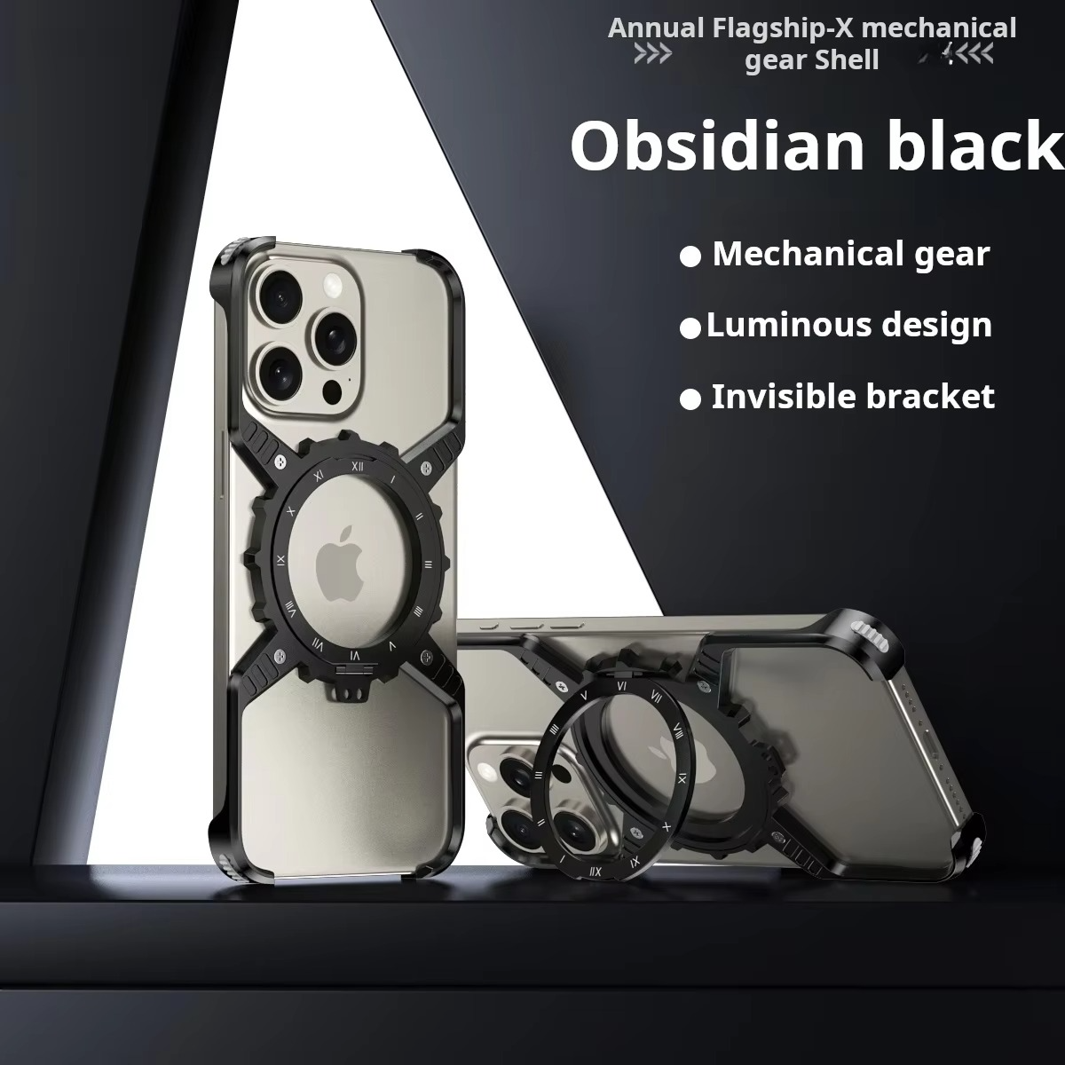 Rugged iPhone Case 360° X-Shaped Mechanical Design — Aluminum Magnetic Frameless Cover with Stand, Noctilucent Finish, Heavy Duty Shockproof Scratch-Resistant Protection