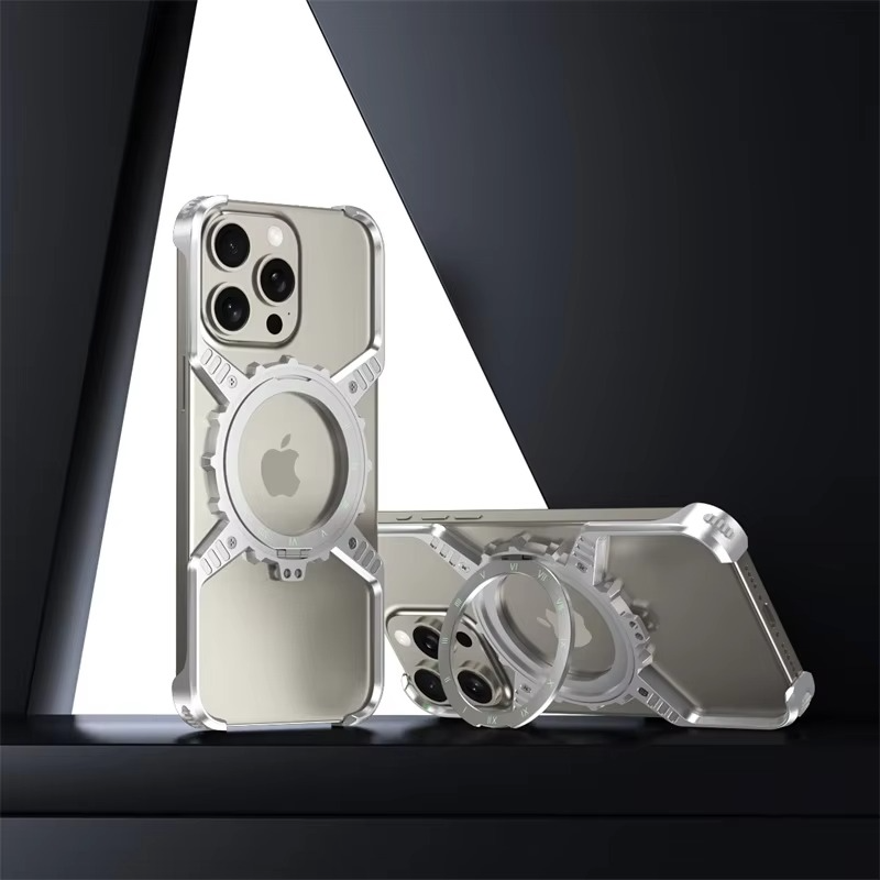 Rugged iPhone Case 360° X-Shaped Mechanical Design — Aluminum Magnetic Frameless Cover with Stand, Noctilucent Finish, Heavy Duty Shockproof Scratch-Resistant Protection