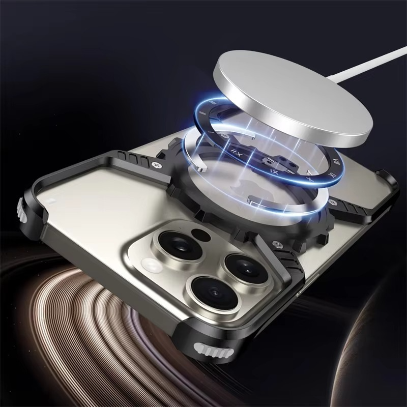 Rugged iPhone Case 360° X-Shaped Mechanical Design — Aluminum Magnetic Frameless Cover with Stand, Noctilucent Finish, Heavy Duty Shockproof Scratch-Resistant Protection