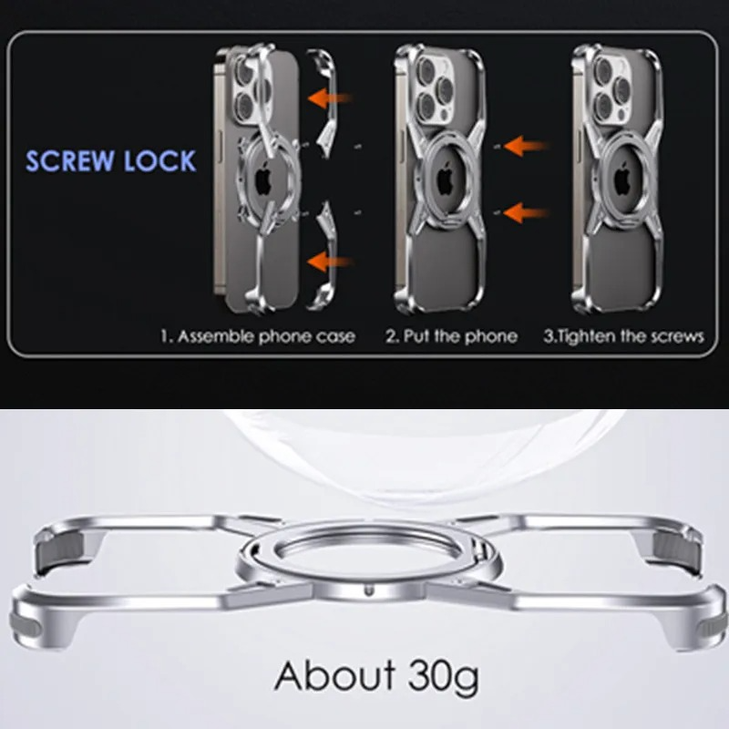 Rugged iPhone Case 360° X-Shaped Mechanical Design — Aluminum Magnetic Frameless Cover with Stand, Noctilucent Finish, Heavy Duty Shockproof Scratch-Resistant Protection