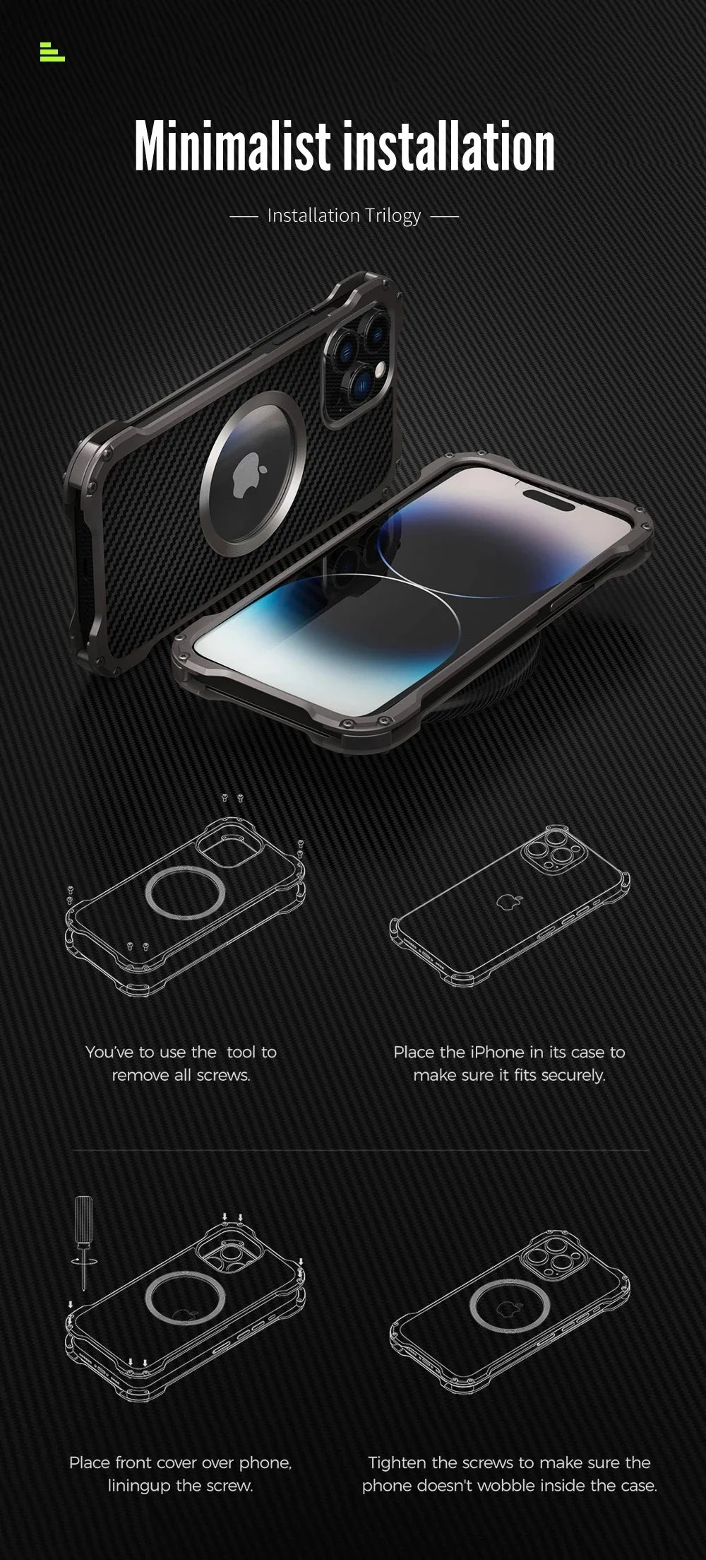 Rugged iPhone Case Carbon Fiber Magnetic Cover — Heavy Duty Metal Frame, MagSafe Wireless Charging Compatible, Shockproof Anti-Scratch Non-Slip Protection