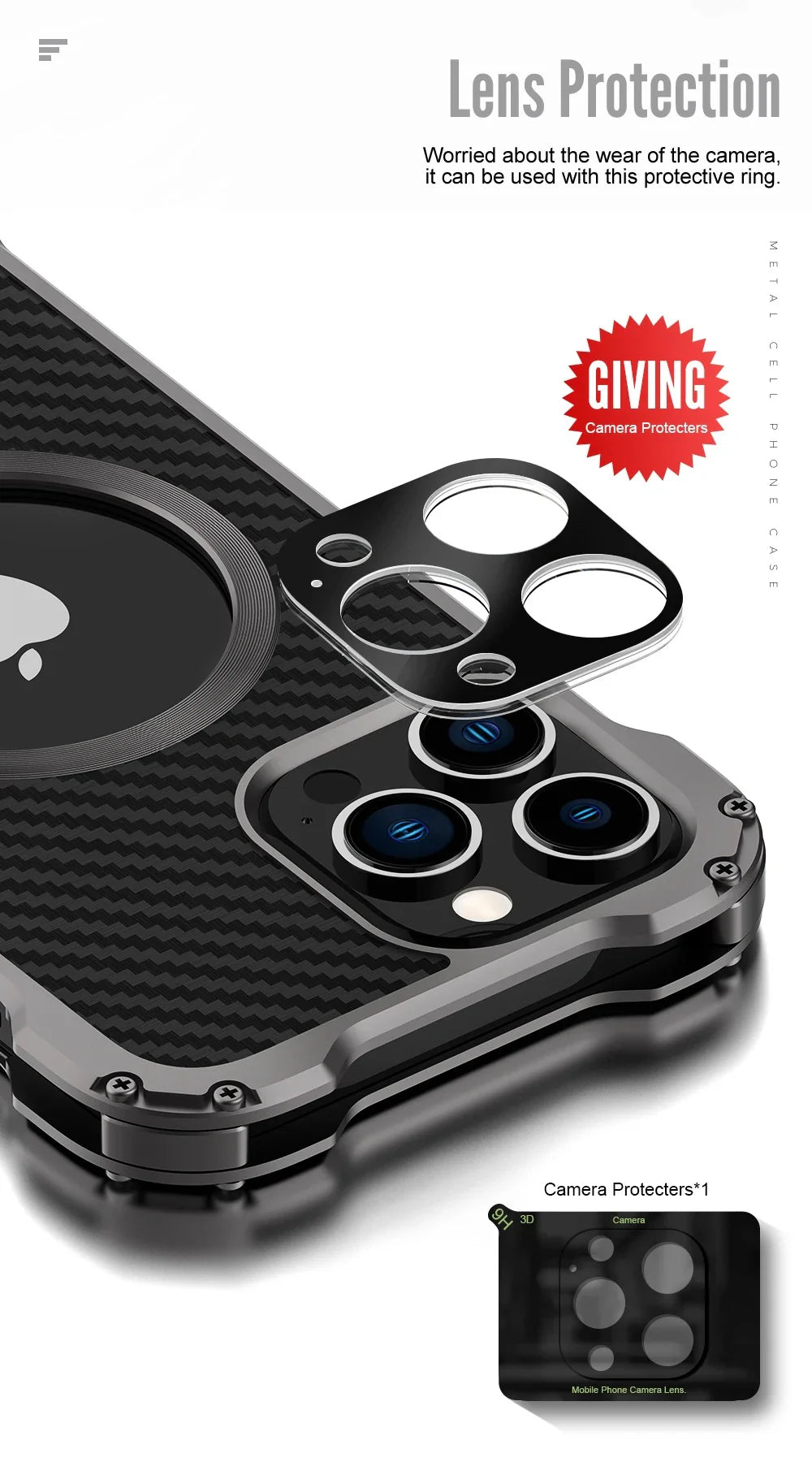 Rugged iPhone Case Carbon Fiber Magnetic Cover — Heavy Duty Metal Frame, MagSafe Wireless Charging Compatible, Shockproof Anti-Scratch Non-Slip Protection