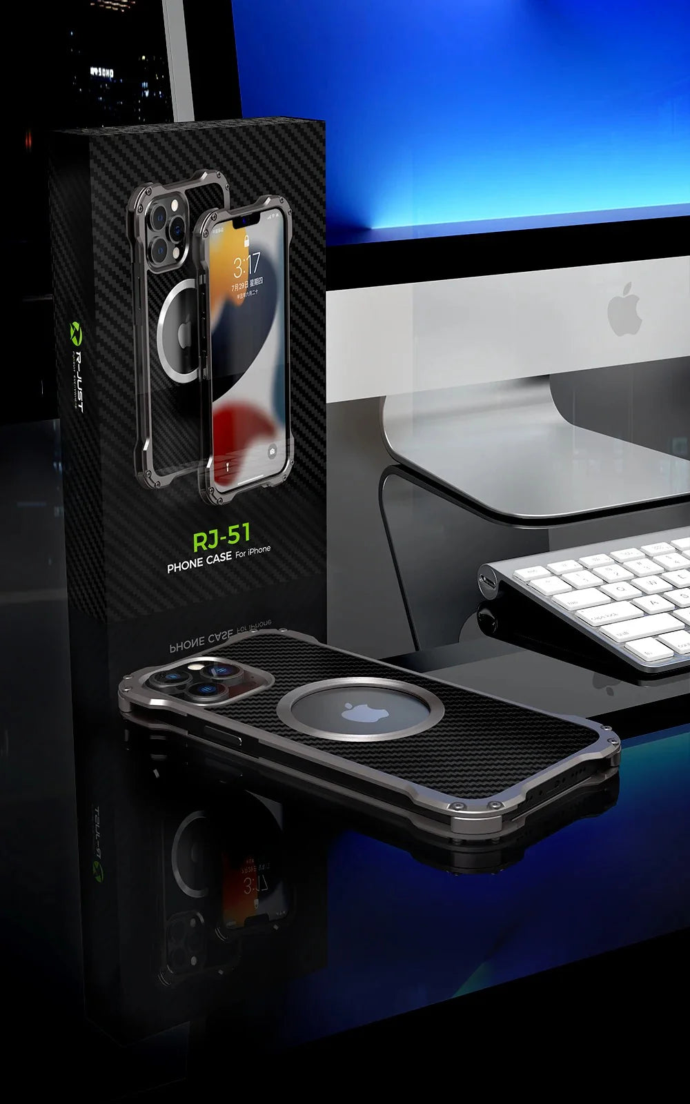 Rugged iPhone Case Carbon Fiber Magnetic Cover — Heavy Duty Metal Frame, MagSafe Wireless Charging Compatible, Shockproof Anti-Scratch Non-Slip Protection