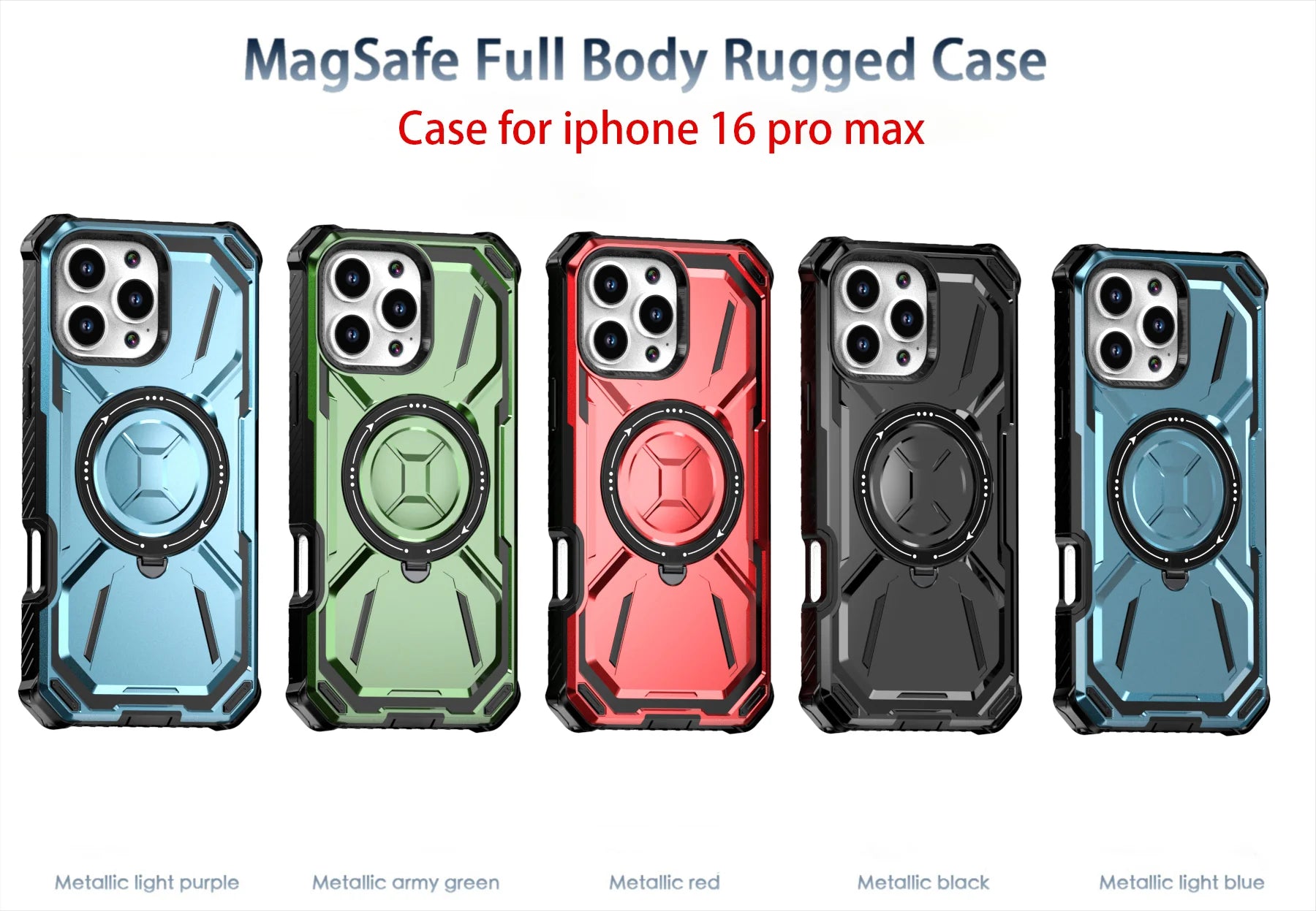 Rugged iPhone Case MagSafe Compatible Heavy Duty Cover — Dual Layer Shock Absorption, Rotatable Kickstand Ring, Built-In Screen Protector, Full Body Defense