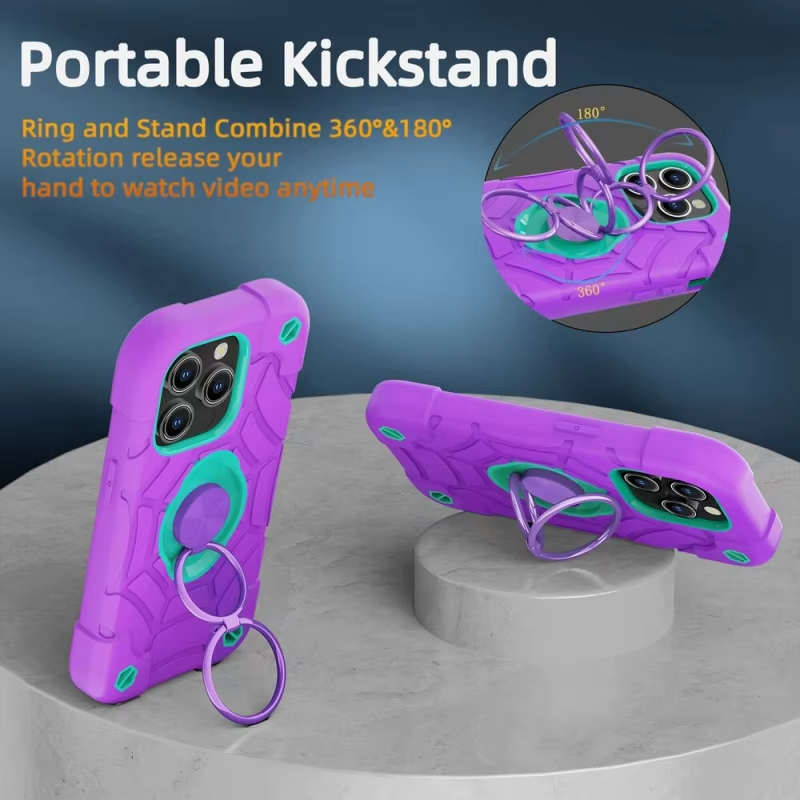 Rugged iPhone Case Military Grade Shockproof Protection — Heavy Duty Cover with Kickstand Ring Holder, Drop-Resistant Design, Full Body Defense