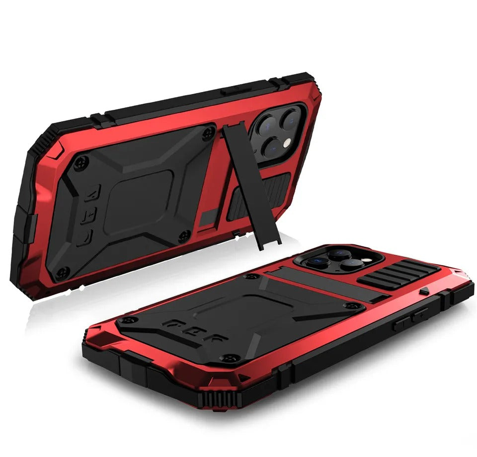 Rugged iPhone Case — Heavy-Duty Aluminum Metal Armor Cover with Tempered Glass Screen, Shockproof IP54 Water-Resistant Full-Body Protection and Kickstand