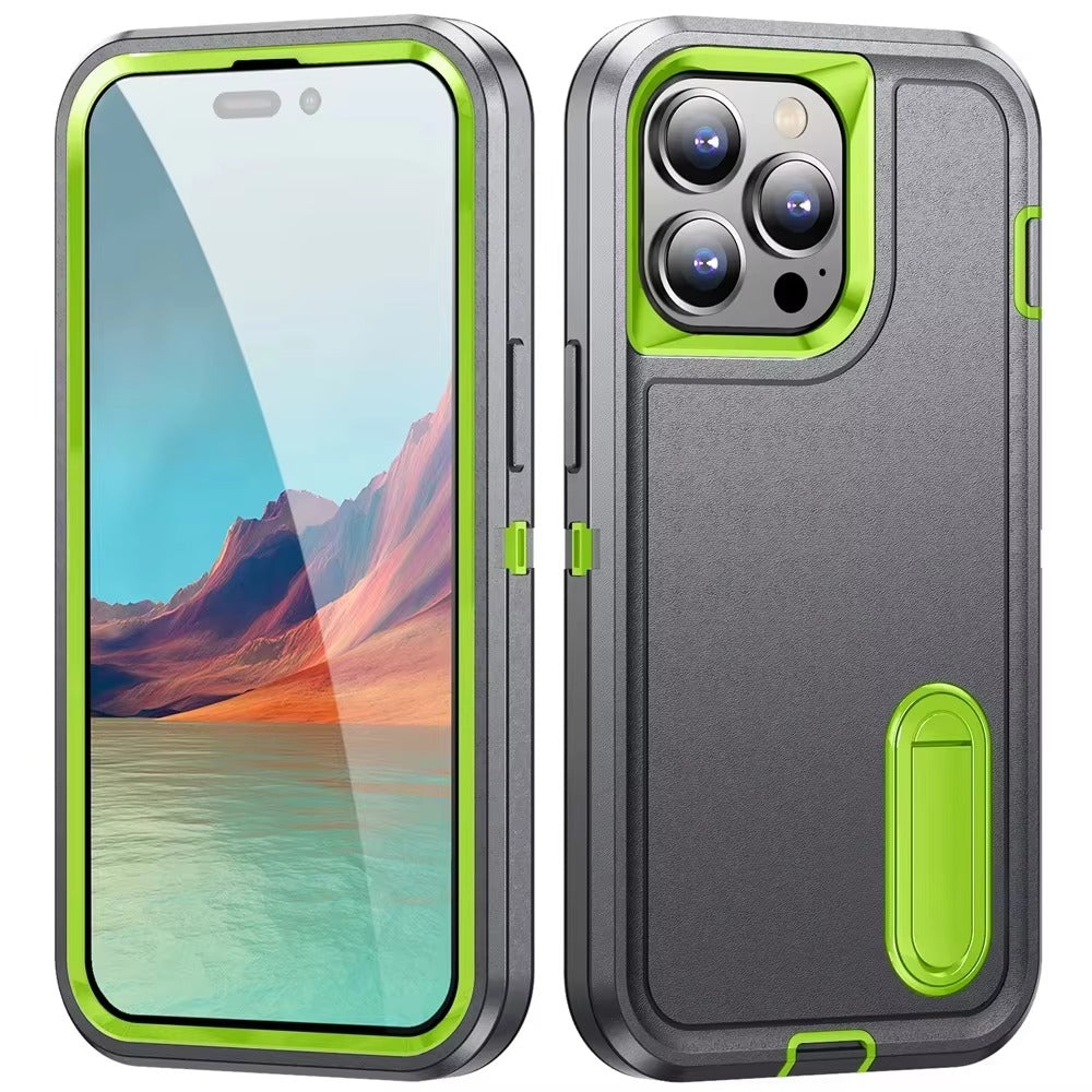 Rugged iPhone Heavy Armor Case — Full Body Shockproof Cover with Kickstand Bracket, Dual Layer Protection, Anti-Fingerprint Scratch-Resistant Non-Slip Design