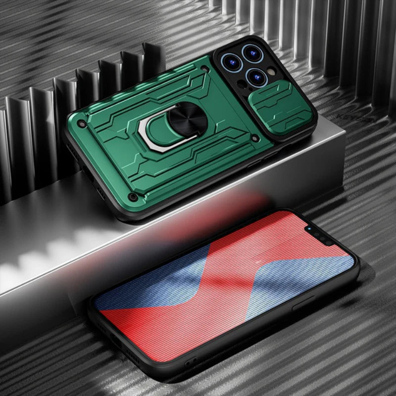 Rugged iPhone Heavy Duty Case with Card Pocket — Dual Layer Shockproof Armor Cover, 360° Ring Stand Holder, Magnetic Mount Compatible, Full Edge Protection