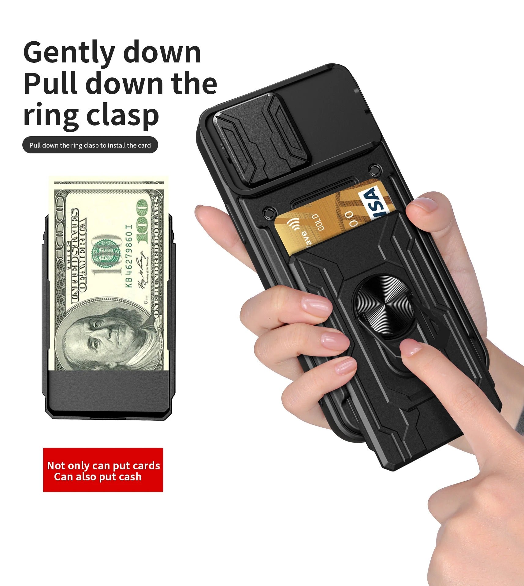 Rugged iPhone Heavy Duty Case with Card Pocket — Dual Layer Shockproof Armor Cover, 360° Ring Stand Holder, Magnetic Mount Compatible, Full Edge Protection