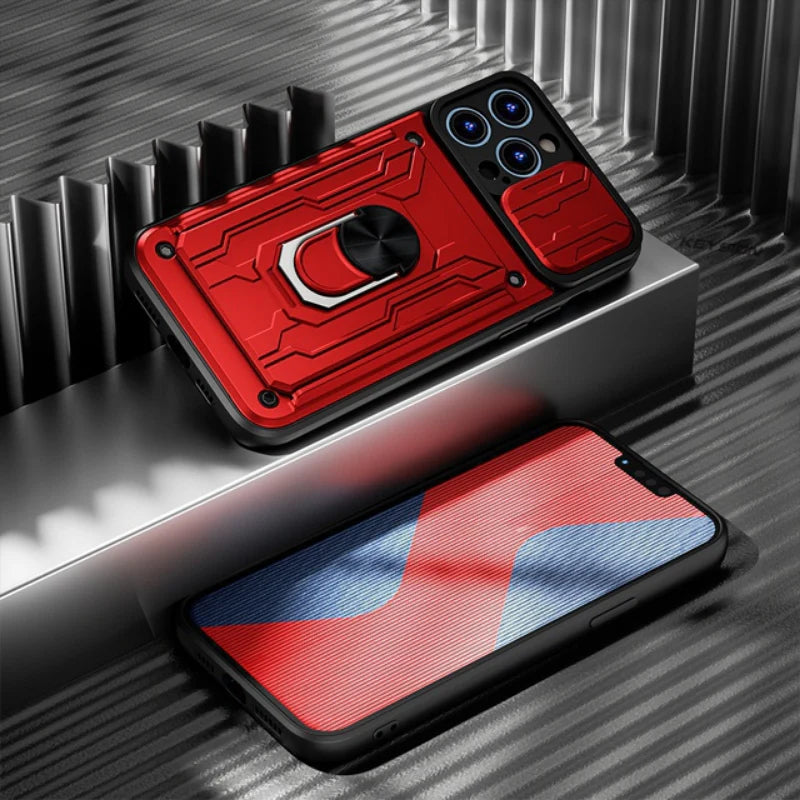 Rugged iPhone Heavy Duty Case with Card Pocket — Dual Layer Shockproof Armor Cover, 360° Ring Stand Holder, Magnetic Mount Compatible, Full Edge Protection