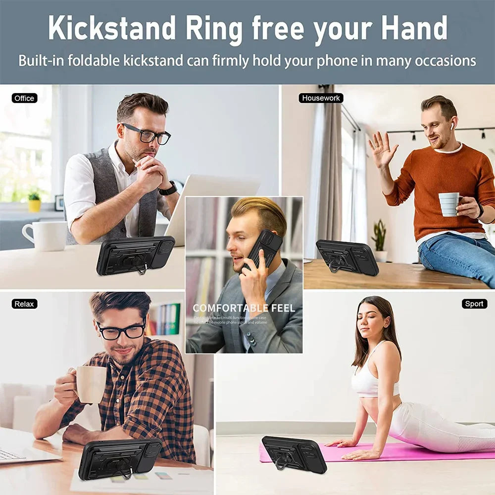 Rugged iPhone Heavy Duty Case with Card Pocket — Dual Layer Shockproof Armor Cover, 360° Ring Stand Holder, Magnetic Mount Compatible, Full Edge Protection