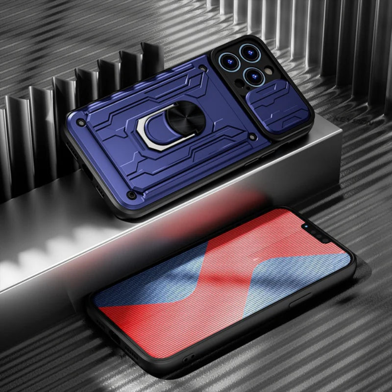 Rugged iPhone Heavy Duty Case with Card Pocket — Dual Layer Shockproof Armor Cover, 360° Ring Stand Holder, Magnetic Mount Compatible, Full Edge Protection