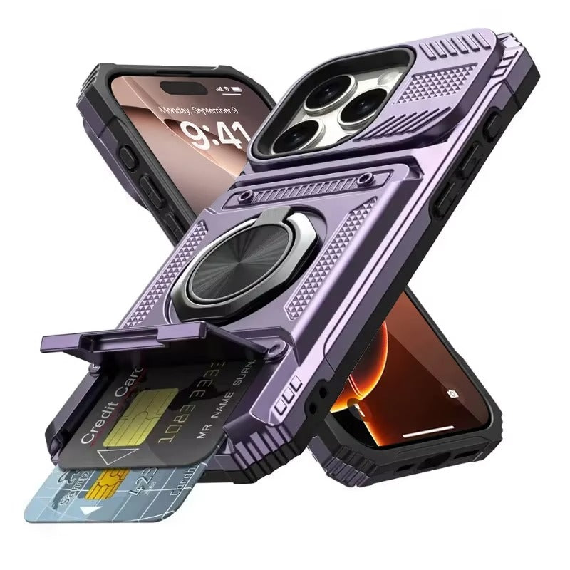 Rugged iPhone Magnetic Wallet Case with Ring Stand — Heavy Duty Armor Drop Protection, Dual Layer Shockproof Cover, Anti-Fingerprint Scratch-Resistant Design