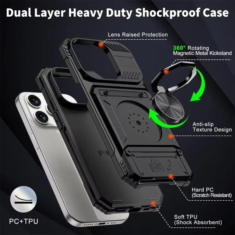 Rugged iPhone Magnetic Wallet Case with Ring Stand — Heavy Duty Armor Drop Protection, Dual Layer Shockproof Cover, Anti-Fingerprint Scratch-Resistant Design