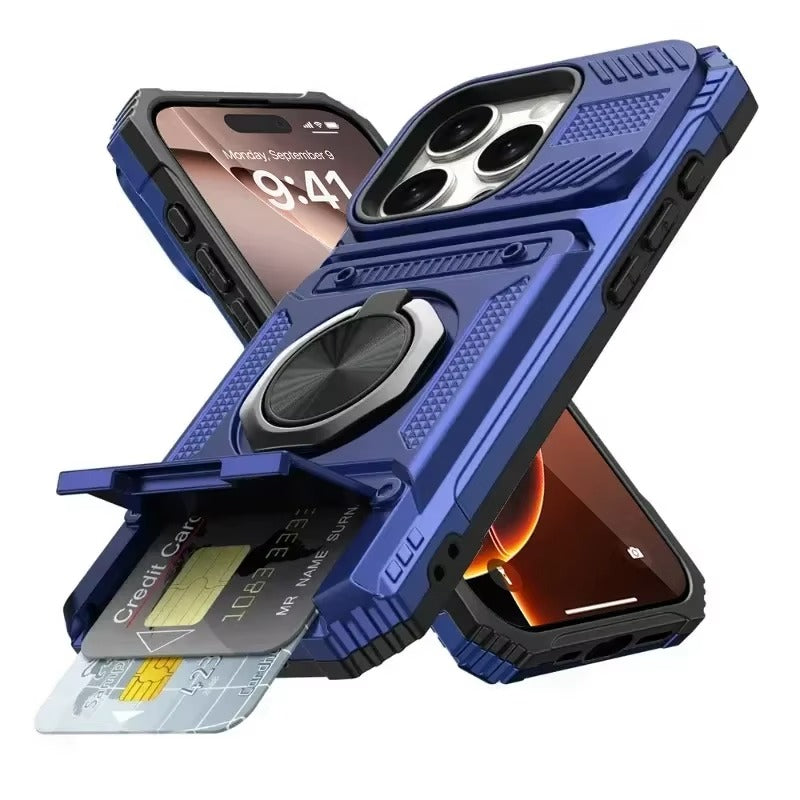 Rugged iPhone Magnetic Wallet Case with Ring Stand — Heavy Duty Armor Drop Protection, Dual Layer Shockproof Cover, Anti-Fingerprint Scratch-Resistant Design