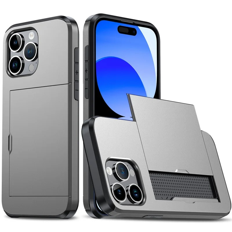Rugged iPhone Slide Wallet Case with Card Slots — Armor Shockproof Dual Layer Cover, Heavy Duty Protection, Anti-Fingerprint Scratch-Resistant Non-Slip Design