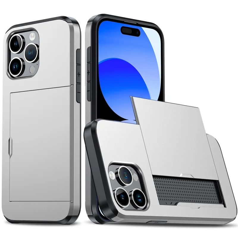Rugged iPhone Slide Wallet Case with Card Slots — Armor Shockproof Dual Layer Cover, Heavy Duty Protection, Anti-Fingerprint Scratch-Resistant Non-Slip Design