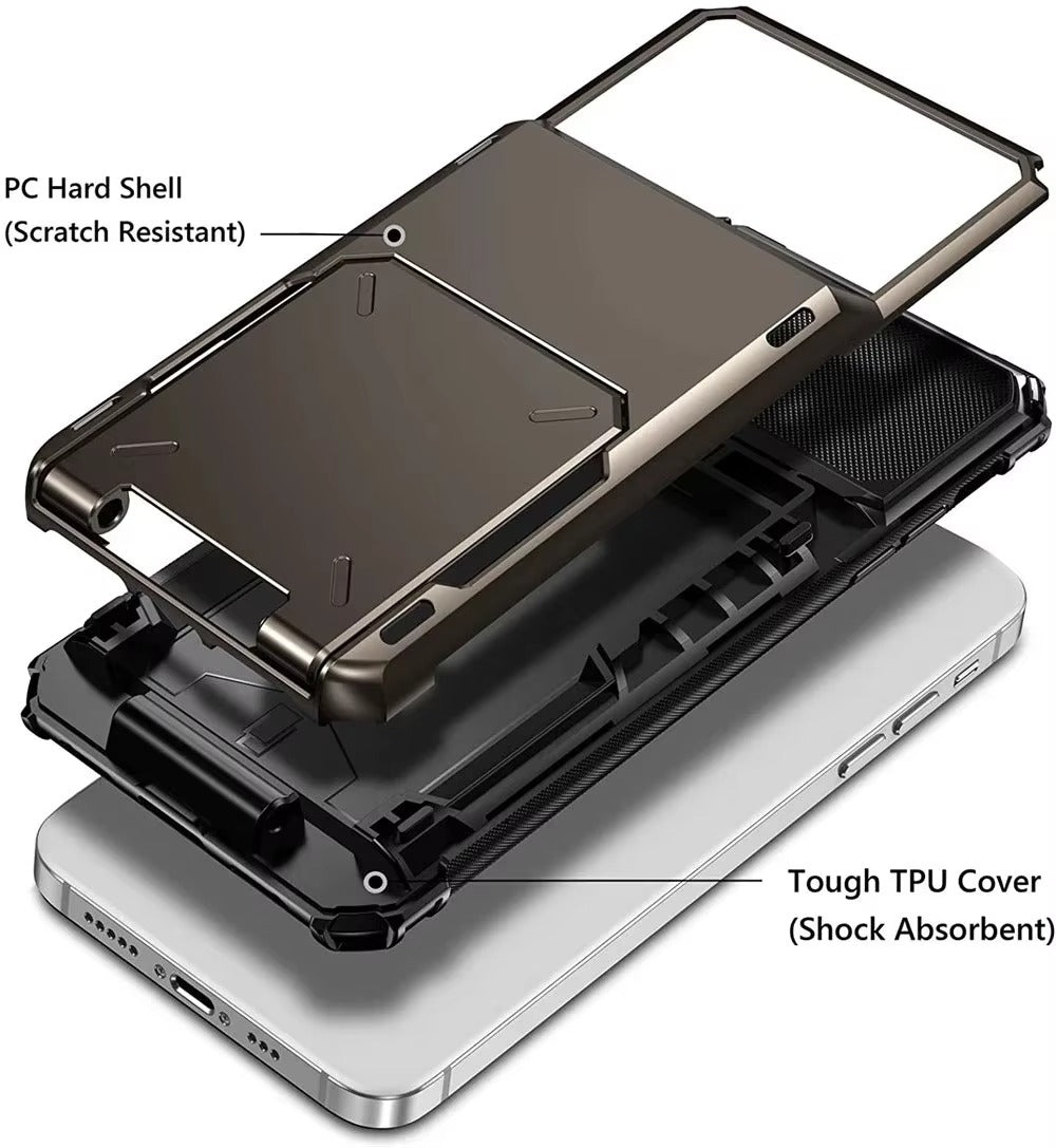 Rugged iPhone Wallet Case with Card Holder — TPU Armor Bumper Full Coverage, Magnetic Ring Kickstand, Military Grade Shockproof Scratch-Resistant Design