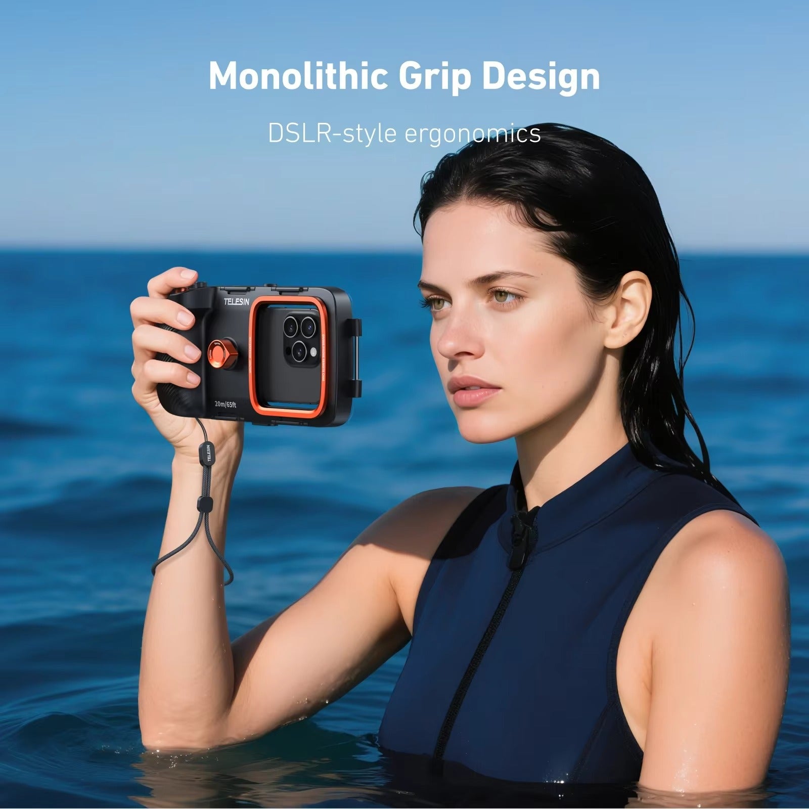 Rugged iPhone Waterproof Case for Diving — TELESIN 20m/65ft Underwater Housing with Bluetooth Photo & Video Control, Full Coverage IP68 Surfing & Snorkeling Protection