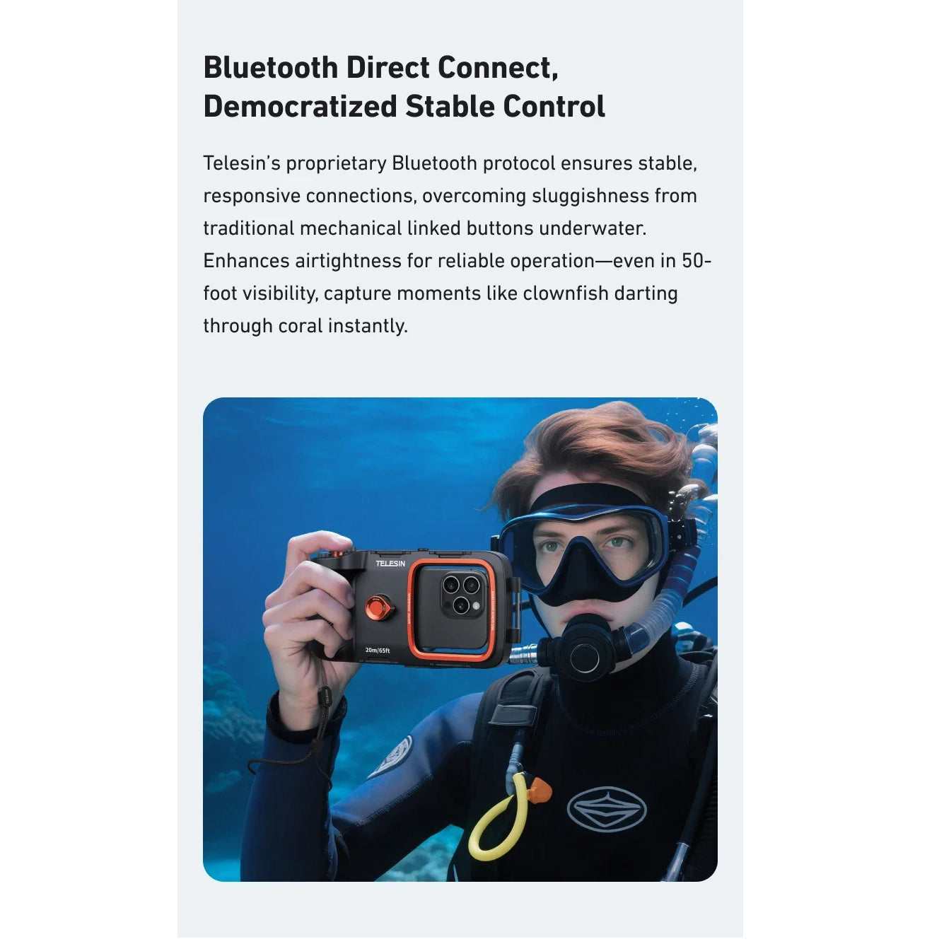Rugged iPhone Waterproof Case for Diving — TELESIN 20m/65ft Underwater Housing with Bluetooth Photo & Video Control, Full Coverage IP68 Surfing & Snorkeling Protection