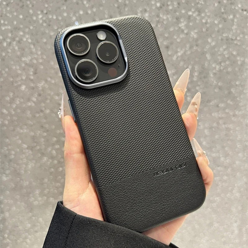 Luxury iPhone MagSafe Leather Case — Trendy Hit Color Relief Design with Alloy Lens Protection, Wireless Charging, Shockproof Anti-Fingerprint Cover