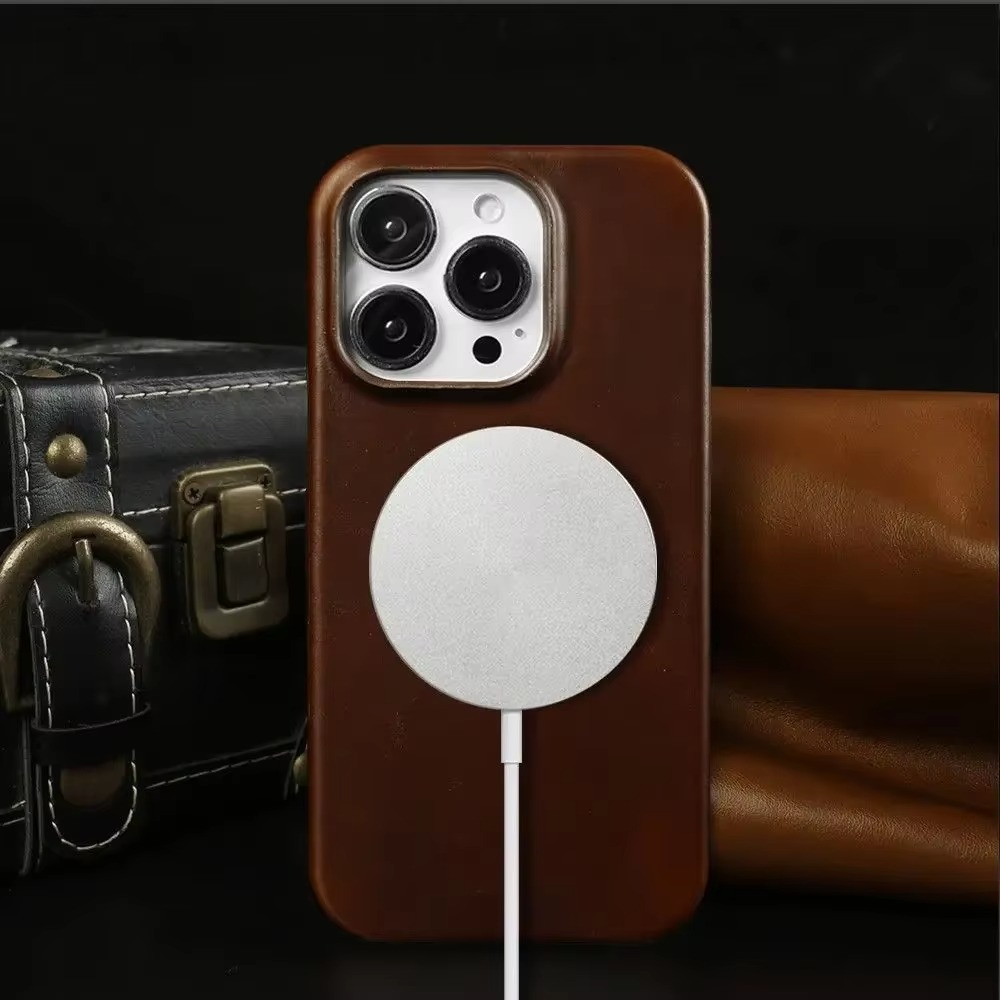 Luxury Genuine Leather iPhone Case — Half-Wrapped Anti-Scratch Dustproof Cover, Vintage Retro Business Style, Lightweight Non-Slip Design