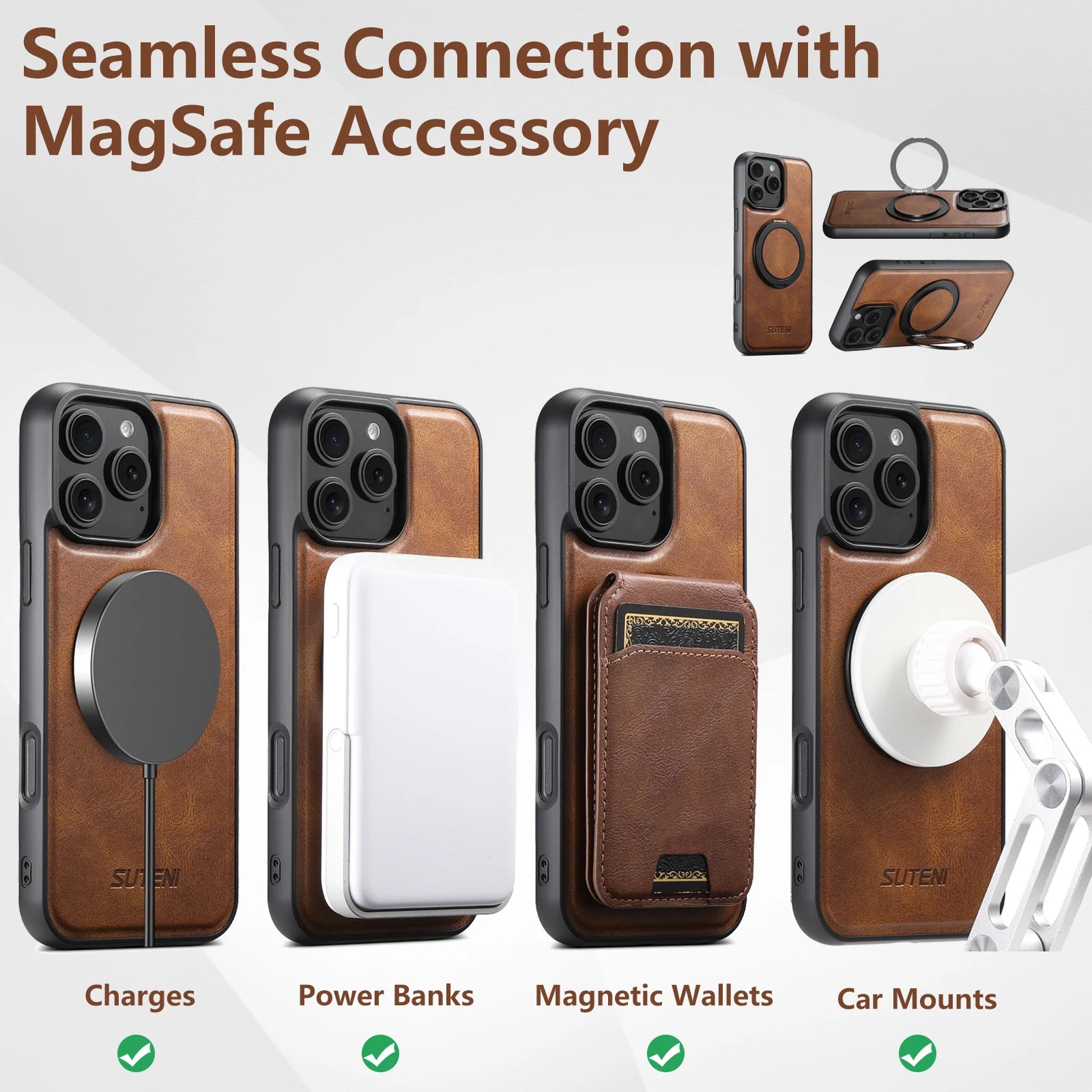 Ultra-Slim Magnetic iPhone Case — 360° Rotating Stand, Oil Wax PU Leather, Wireless Charging Compatible, Shock-Resistant Back Cover