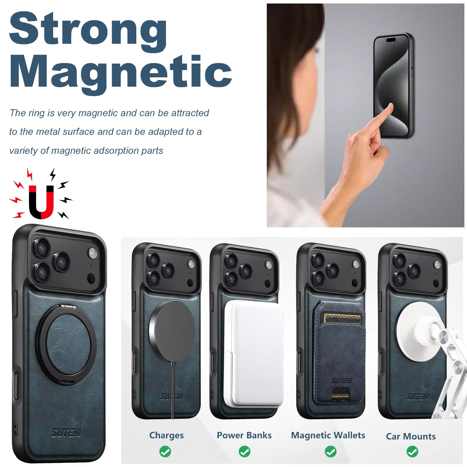 Ultra-Slim Magnetic iPhone Case — 360° Rotating Stand, Oil Wax PU Leather, Wireless Charging Compatible, Shock-Resistant Back Cover