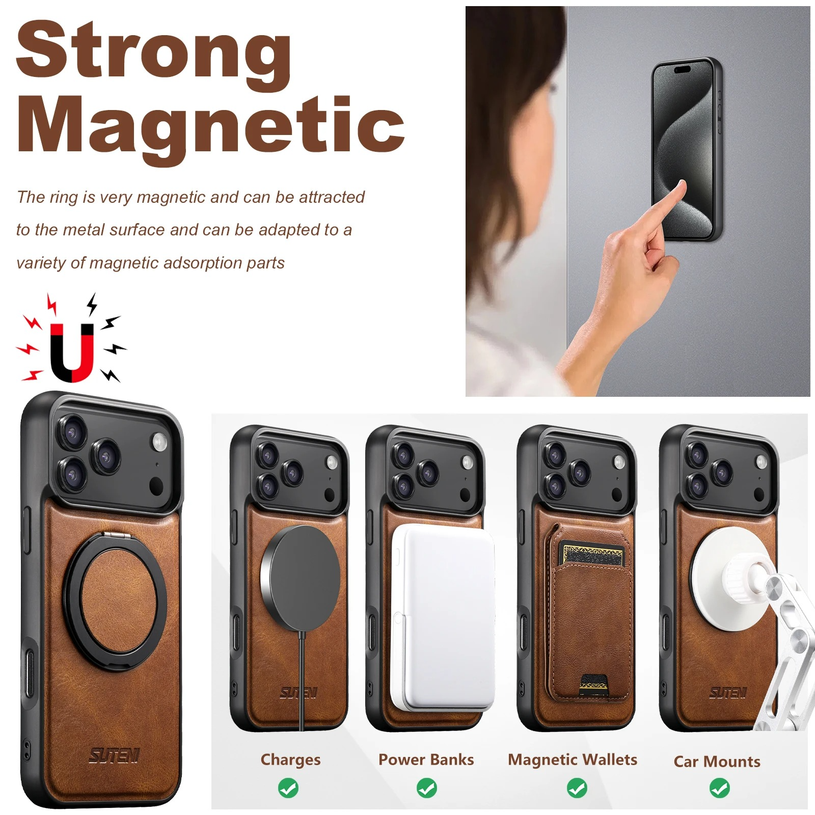 Ultra-Slim Magnetic iPhone Case — 360° Rotating Stand, Oil Wax PU Leather, Wireless Charging Compatible, Shock-Resistant Back Cover