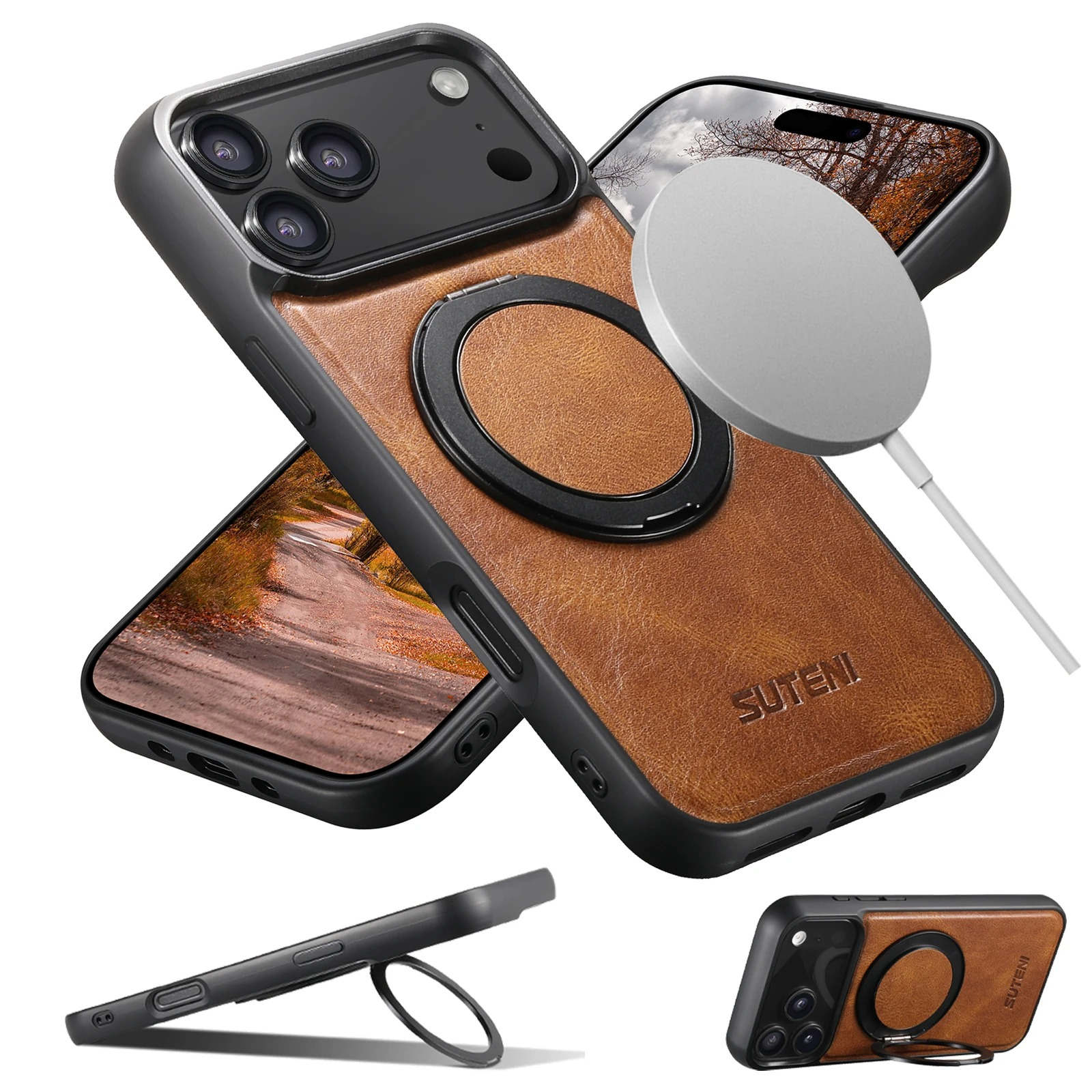 Ultra-Slim Magnetic iPhone Case — 360° Rotating Stand, Oil Wax PU Leather, Wireless Charging Compatible, Shock-Resistant Back Cover