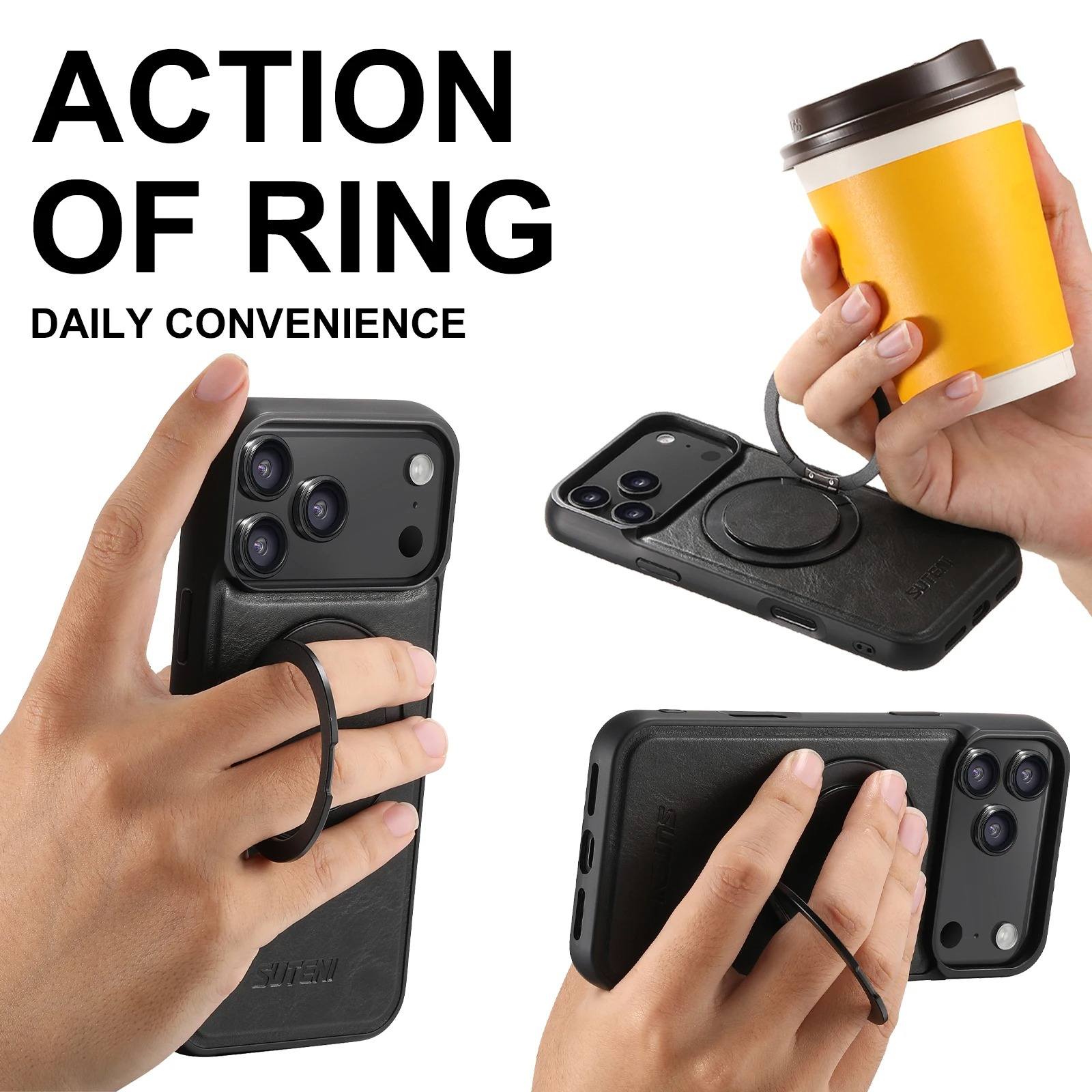 Ultra-Slim Magnetic iPhone Case — 360° Rotating Stand, Oil Wax PU Leather, Wireless Charging Compatible, Shock-Resistant Back Cover