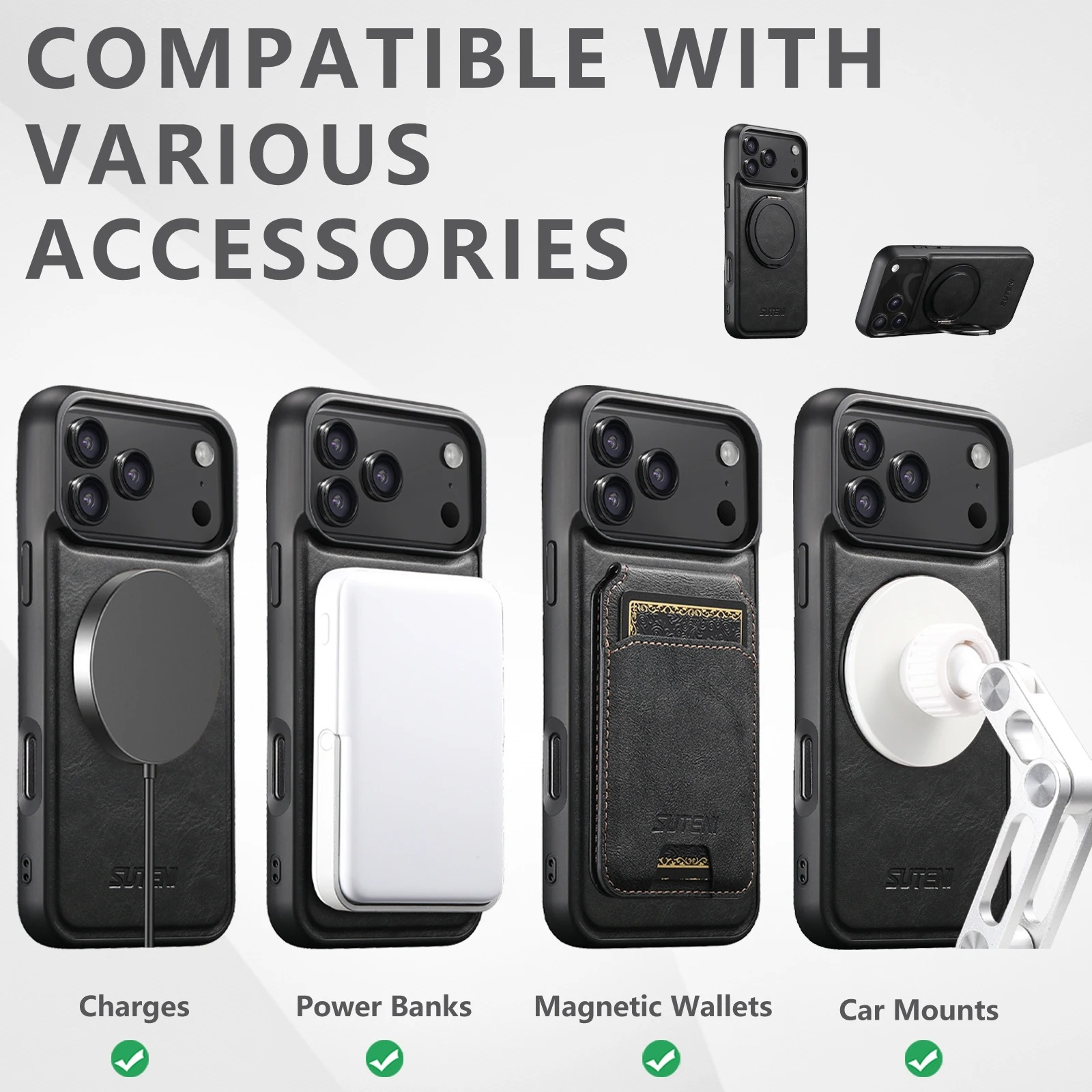 Ultra-Slim Magnetic iPhone Case — 360° Rotating Stand, Oil Wax PU Leather, Wireless Charging Compatible, Shock-Resistant Back Cover