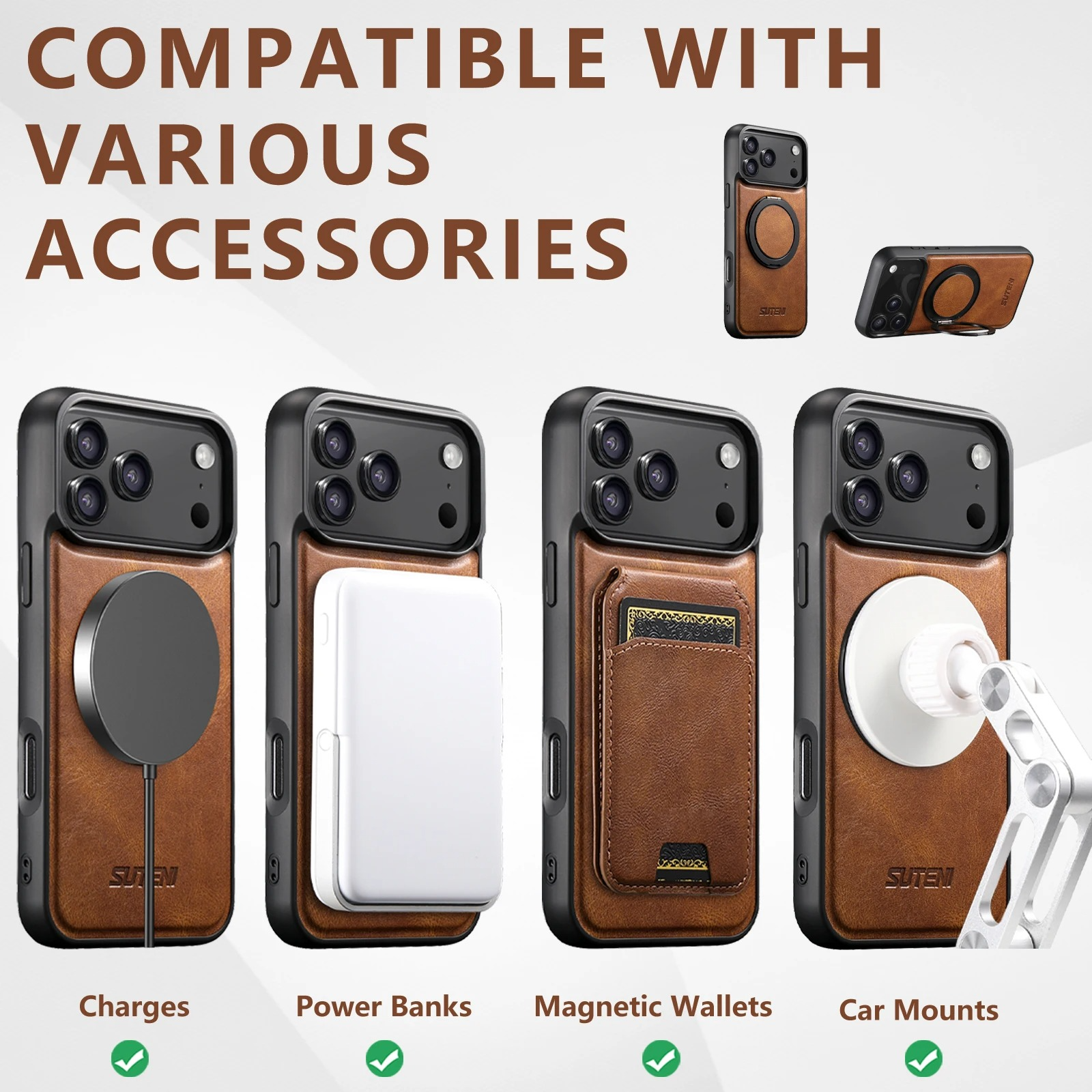 Ultra-Slim Magnetic iPhone Case — 360° Rotating Stand, Oil Wax PU Leather, Wireless Charging Compatible, Shock-Resistant Back Cover