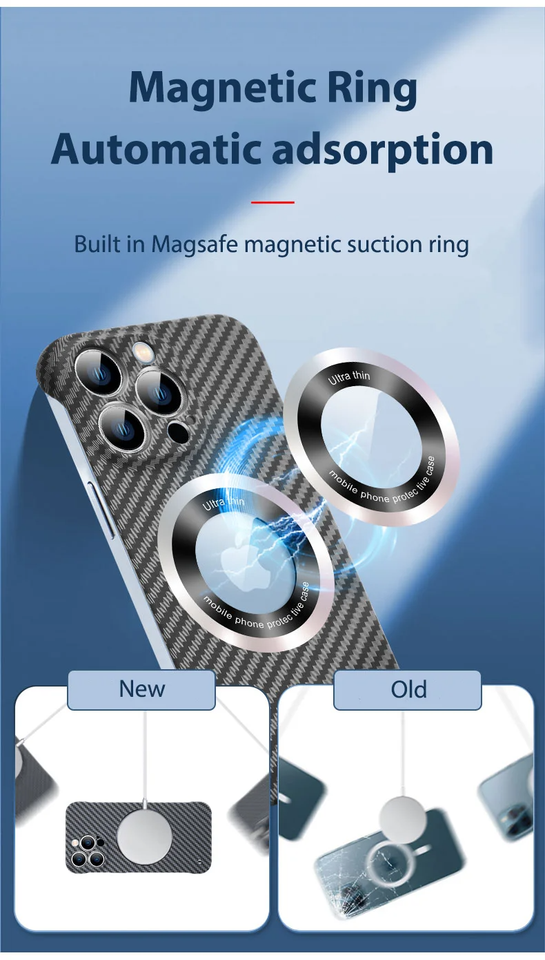 Ultra-Slim iPhone Case MagSafe Compatible Carbon Fiber Cover — Frameless Matte Design, Magnetic Wireless Charging, Cooling Shockproof Anti-Fingerprint Protection