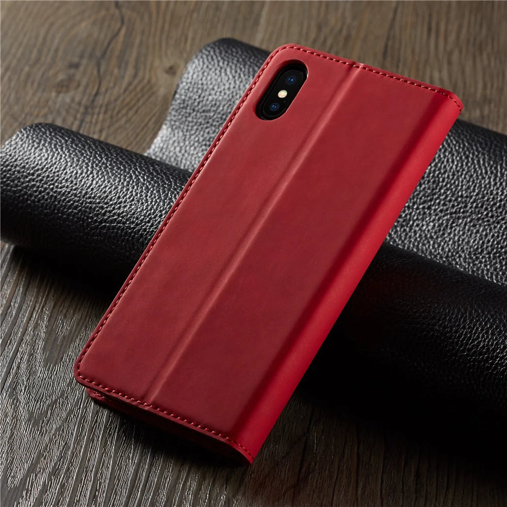 Ultra-Slim iPhone Leather Flip Wallet Case — Magnetic Suede Cover with Card Slots, Cash Pocket, Stand Function, Lightweight Full Body Protective Design