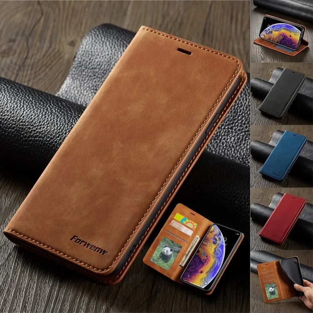 Ultra-Slim iPhone Leather Flip Wallet Case — Magnetic Suede Cover with Card Slots, Cash Pocket, Stand Function, Lightweight Full Body Protective Design