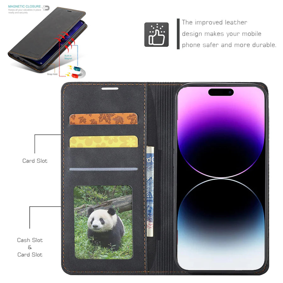 Ultra-Slim iPhone Leather Flip Wallet Case — Magnetic Suede Cover with Card Slots, Cash Pocket, Stand Function, Lightweight Full Body Protective Design