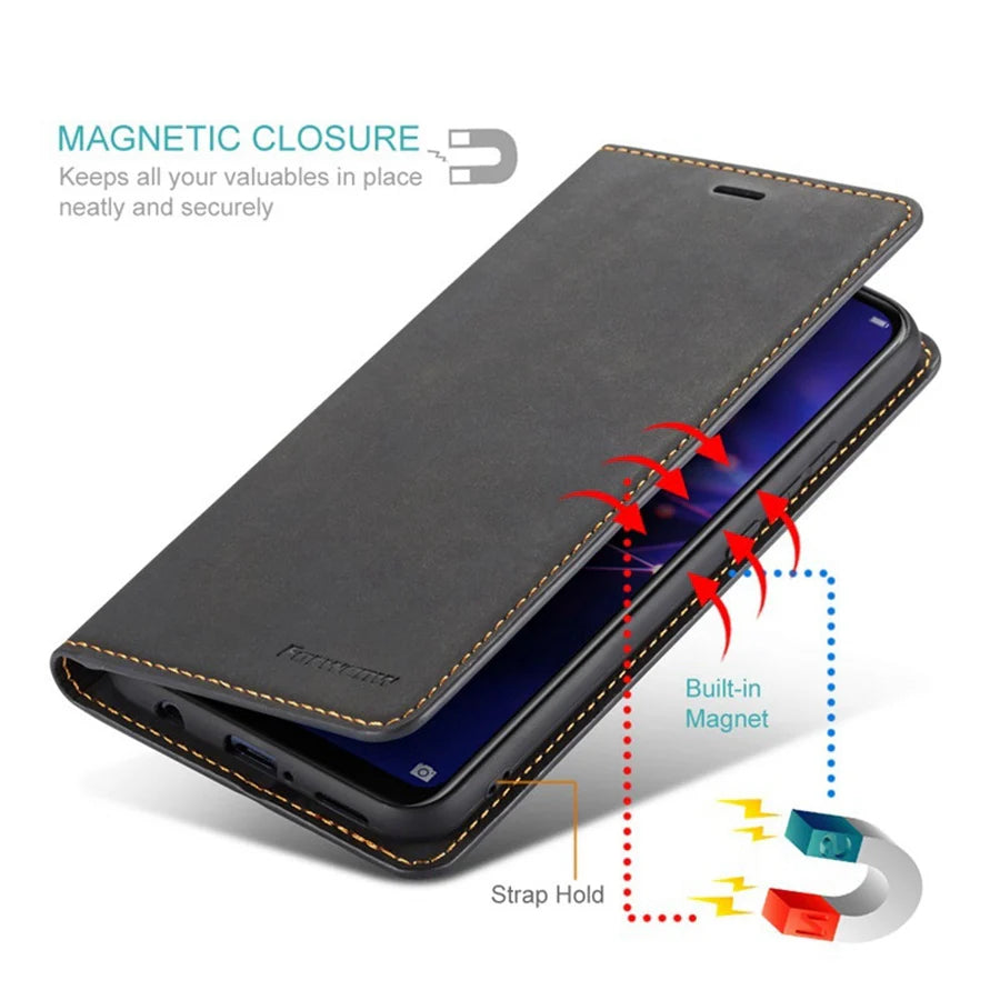 Ultra-Slim iPhone Leather Flip Wallet Case — Magnetic Suede Cover with Card Slots, Cash Pocket, Stand Function, Lightweight Full Body Protective Design