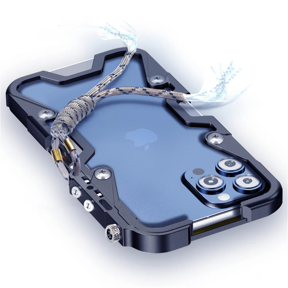 Rugged iPhone Case Aluminum Alloy Bumper Frame — Lightweight Metal Armor Cover, Shockproof Protective Shell with Smooth Edges and Included Lanyard