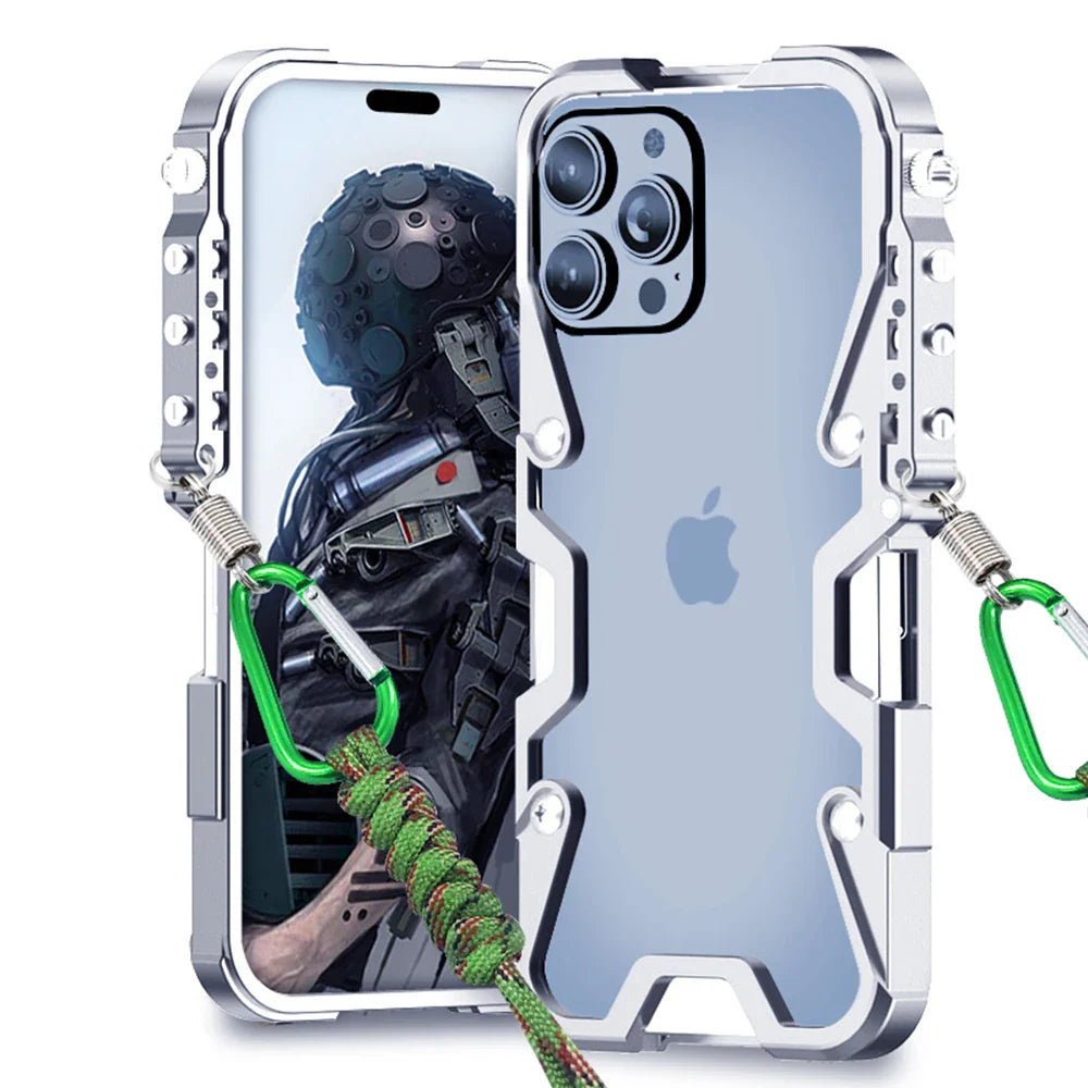 Rugged iPhone Case Aluminum Alloy Bumper Frame — Lightweight Metal Armor Cover, Shockproof Protective Shell with Smooth Edges and Included Lanyard